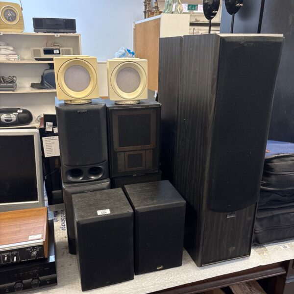 Vintage speaker bundle including Acoustic Solutions, Sony, and Wharfdale speakers.