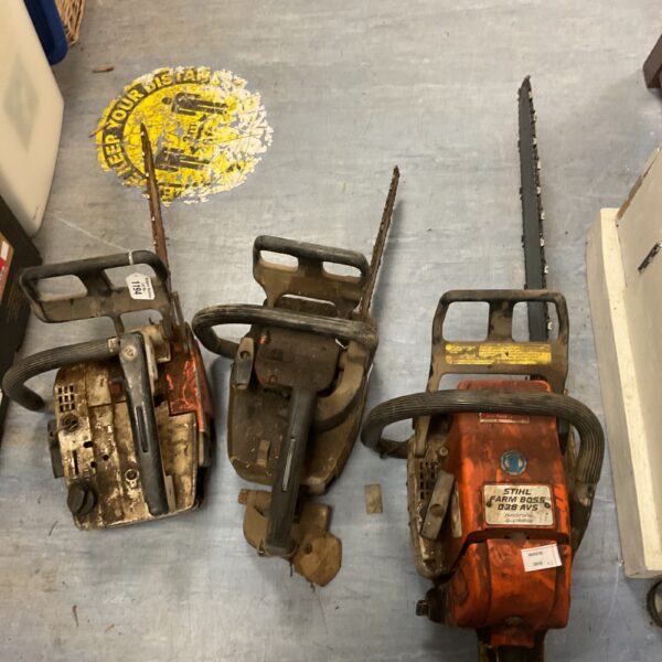 Lot of three vintage Stihl chainsaws for collectors.