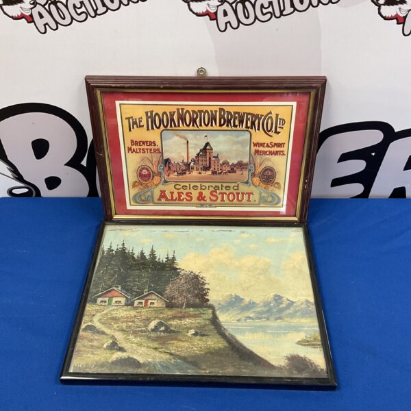 Vintage oil painting of a Swiss log cabin with brewery print.