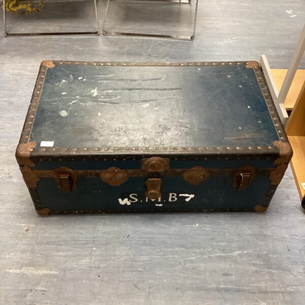 Large vintage travel trunk initialed S.M.B, antique luggage.