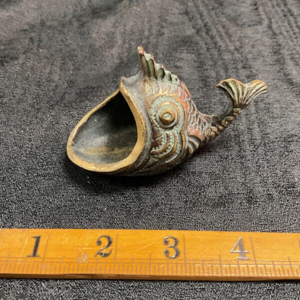 Vintage Walter Bosse fish ashtray with verdigris patina.