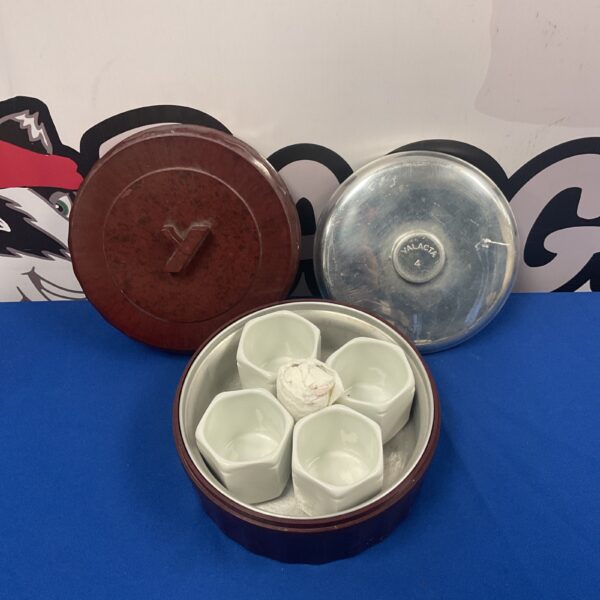 Vintage Yalacta egg poacher set with porcelain cups.