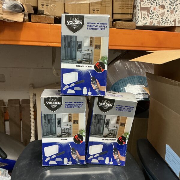 Stack of three boxes of Volden kitchen sealant kits.