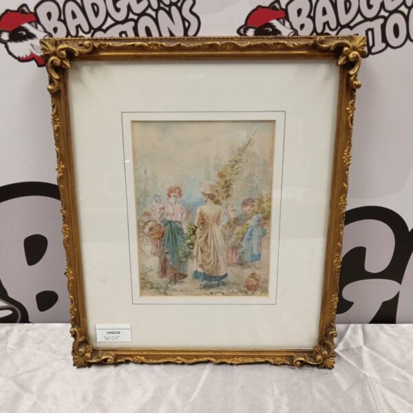 Victorian watercolour painting by Walter Duncan depicting a hop garden scene.