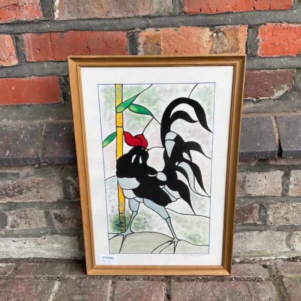 Vibrant watercolour painting of a cockerel with stained glass effect.
