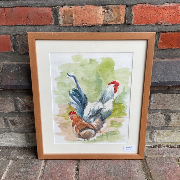 Vibrant watercolour painting of a cockerel and hen by m Shanay.