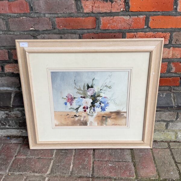 Signed watercolour painting of flowers in a vase, impressionist style.