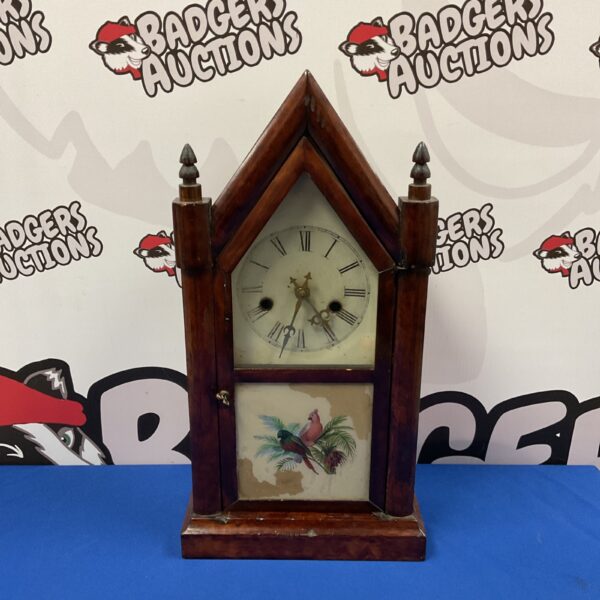 Antique Welch Gothic steeple clock with painted face.