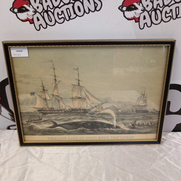 Antique whaling print depicting the ship "The Uncas" at Cape of Good Hope.