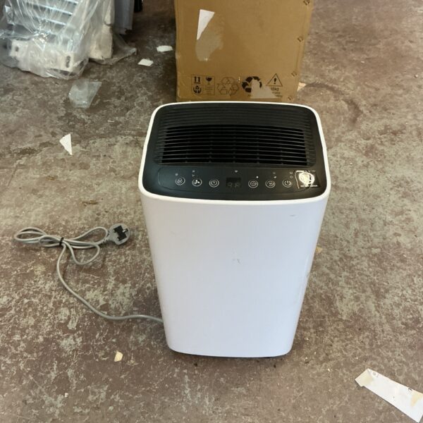 White dehumidifier with control panel, portable moisture removal appliance.