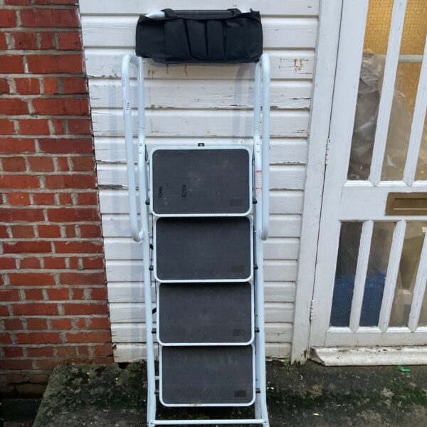 White four-step folding steel ladder for household use.
