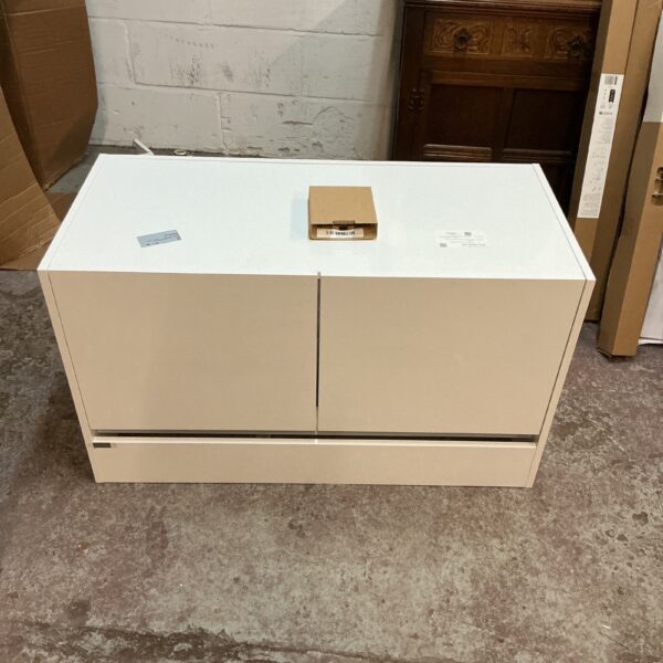 White gloss wall cupboard for kitchen storage.