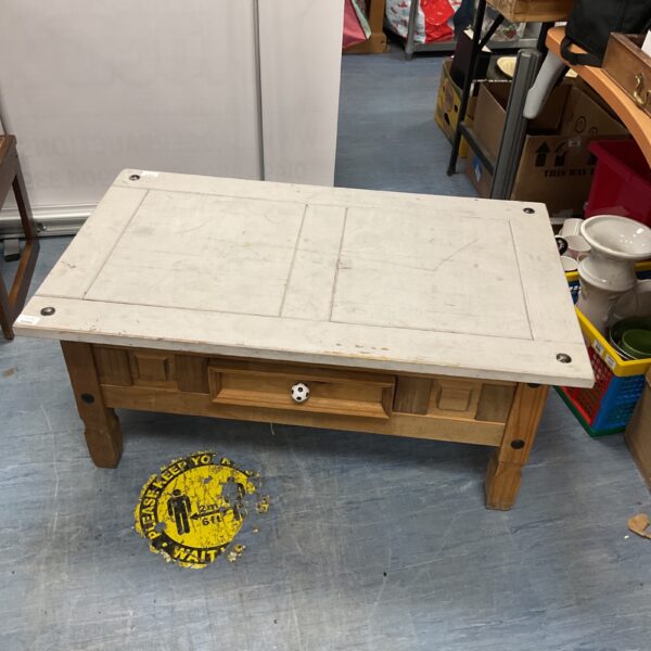 White painted pine coffee table with rustic farmhouse style.