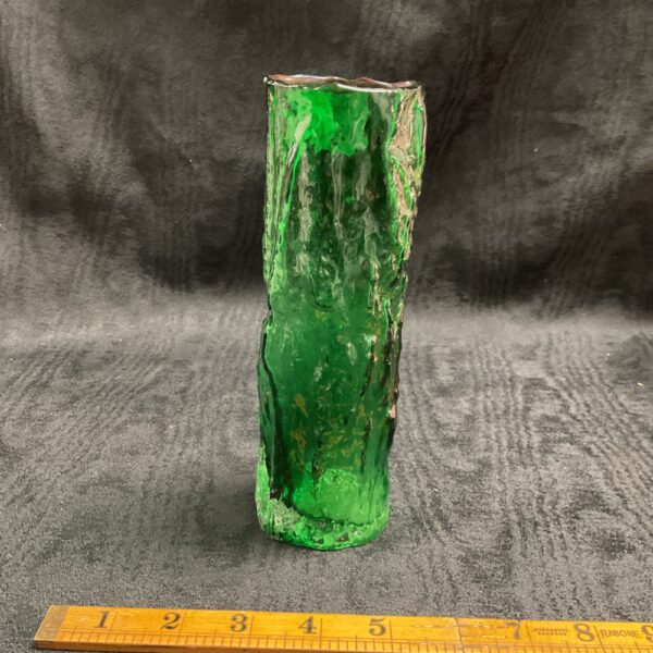 Vintage Whitefriars Bark Vase in sage green, mid-century modern design.
