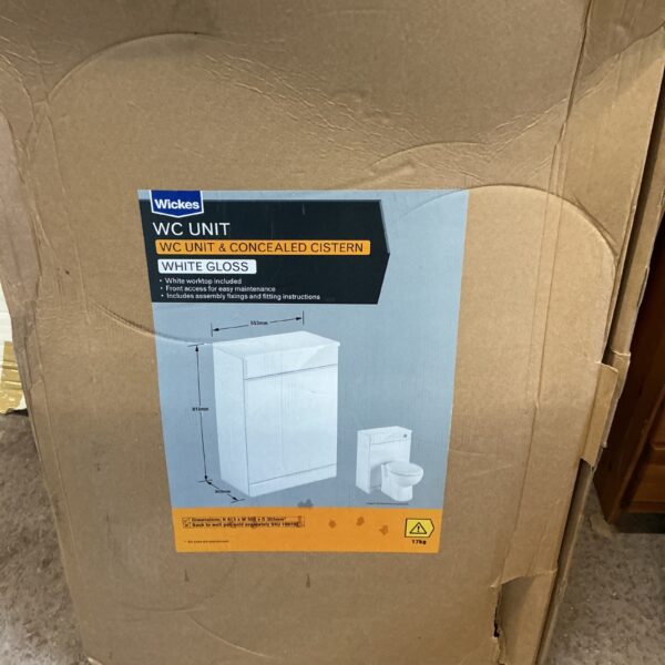 White gloss Wickes WC unit with concealed cistern for bathroom renovation.