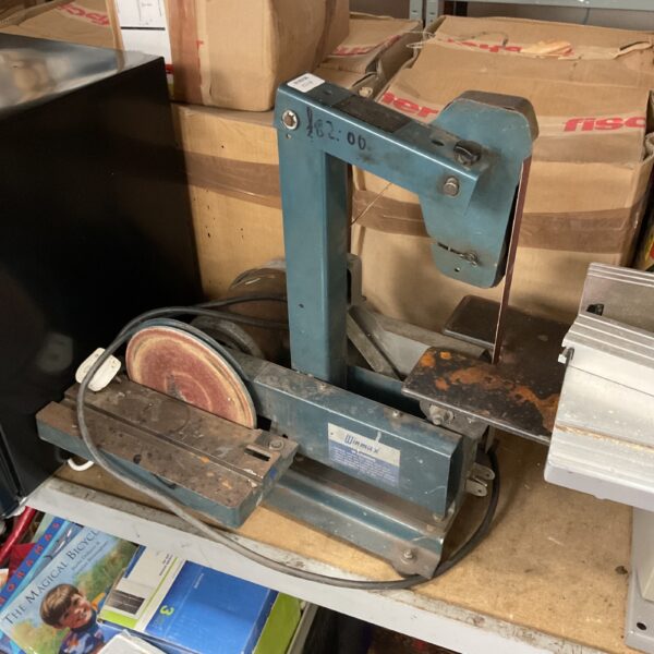 Vintage Winmax linishing belt machine for metalworking.