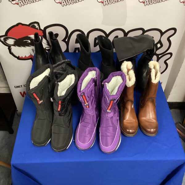 Mixed lot of colourful winter boots for cold weather.