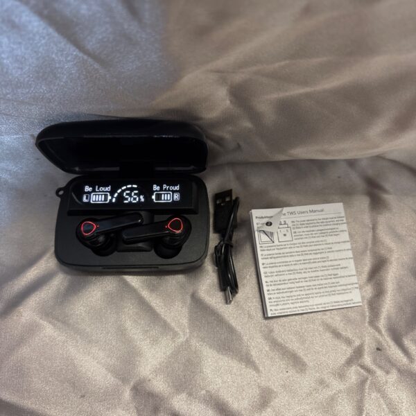 Wireless headphones in charging case, portable audio device.