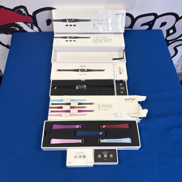 Wor(l)d Helo LX Wellness Band box sets, one sealed, vintage health tracker.