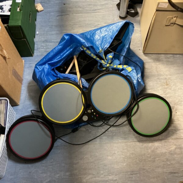 Used Xbox 360 Rock Band drum kit with pads and cables.