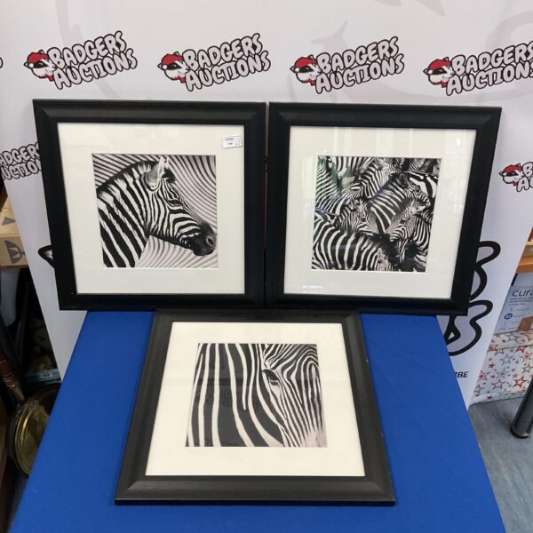Framed black and white zebra print, part of a set.