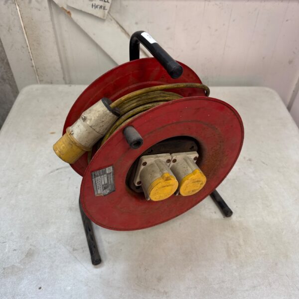 Red 110v extension reel with two gang socket.