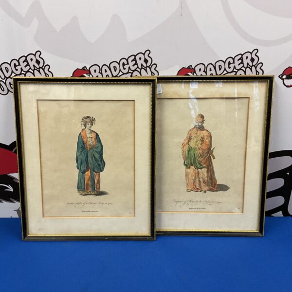 Pair of 18th-century hand-coloured engravings of a Chinese emperor and lady.