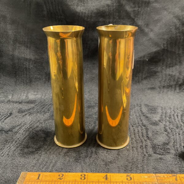 Pair of vintage 1944 trench art shell vases, brass repurposed ammunition.