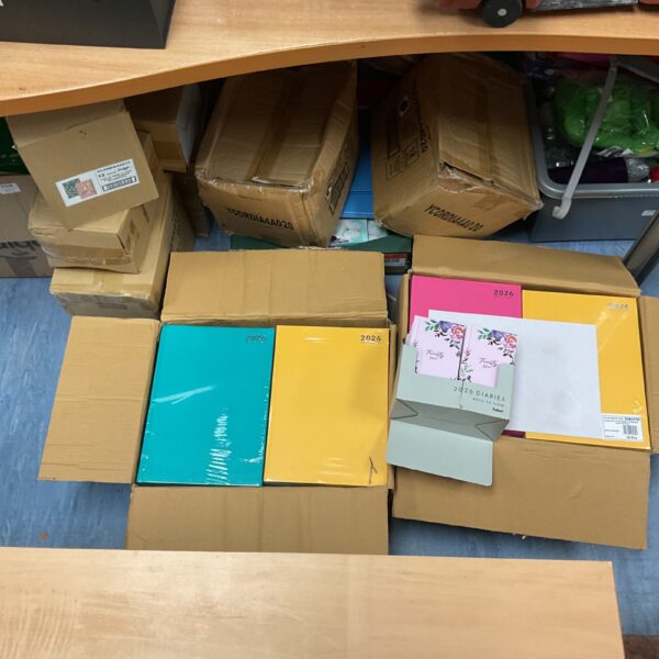 Large lot of 2025 and 2026 diaries in cardboard boxes.