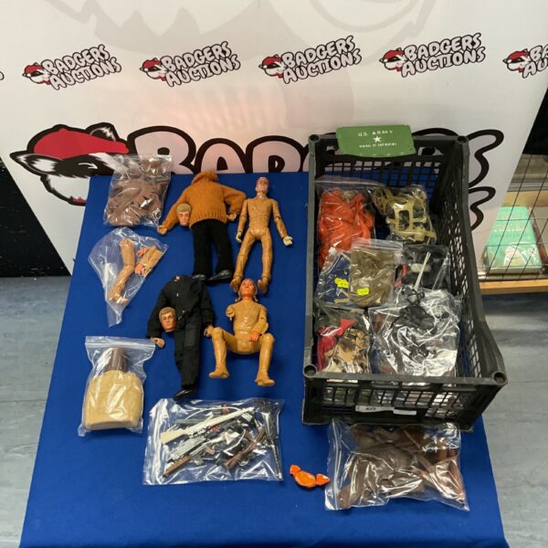 Vintage Action Man figures and accessories lot with eagle eye detail.