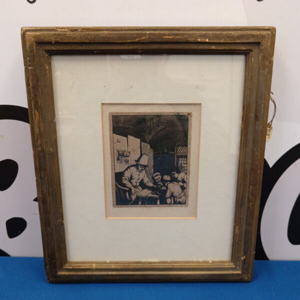 Antique etching by Adrian van Ostade depicting a schoolmaster and pupils.