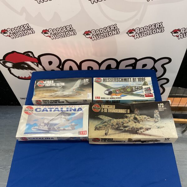 Vintage Airfix model plane kits lot, including Messerschmitt and Fairchild.