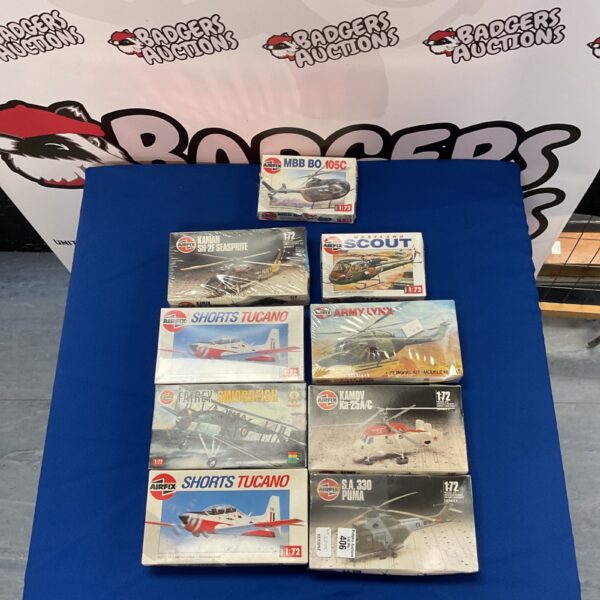 Lot of nine vintage Airfix 1:72 scale model kits for collectors.