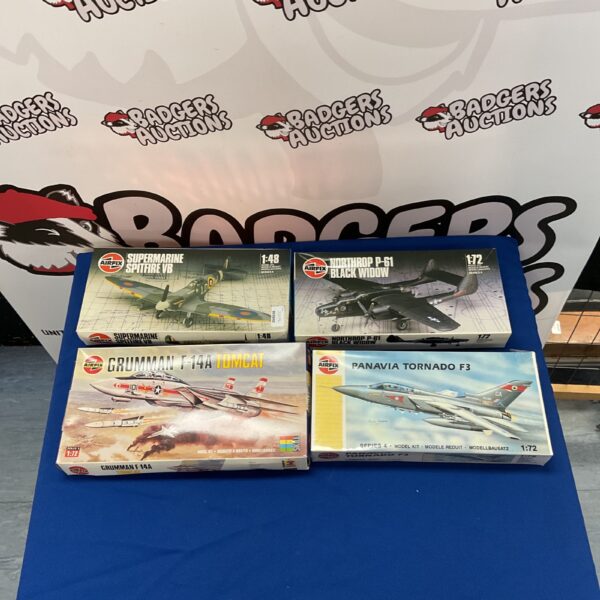 Airfix scale model planes lot including Spitfire, Tomcat, Black Widow, and Tornado F3.