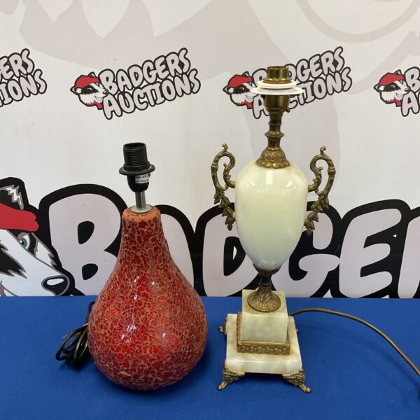 Vintage alabaster and brass table lamp with red mosaic shade.