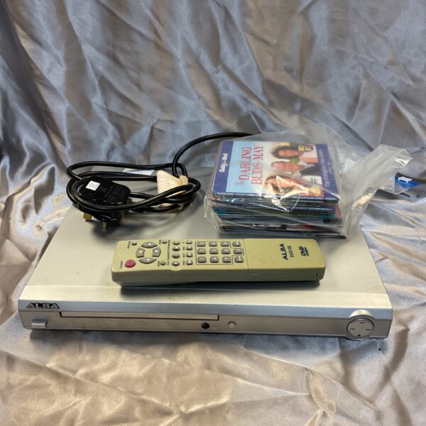 Alba DVD player with remote control and selection of DVDs.