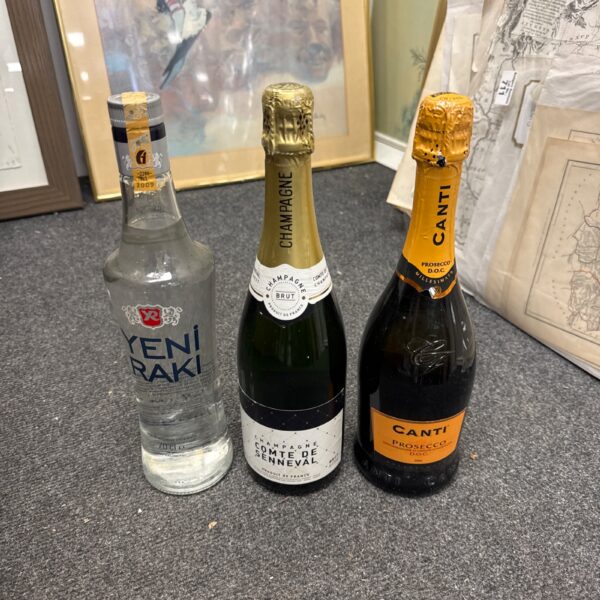 Mixed lot of alcohol bottles including Prosecco, Champagne and Raki.