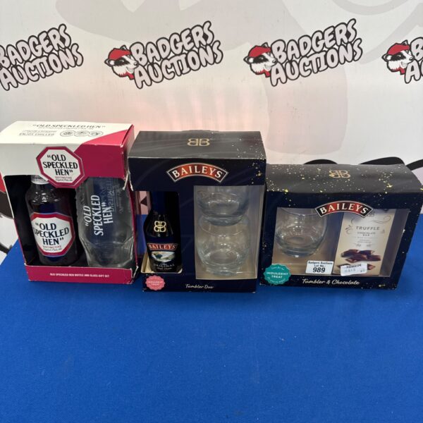 Alcoholic gift sets including Baileys and Old Speckled Hen.