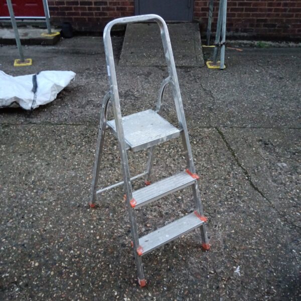Span aluminium step ladder with three steps, folded for storage.