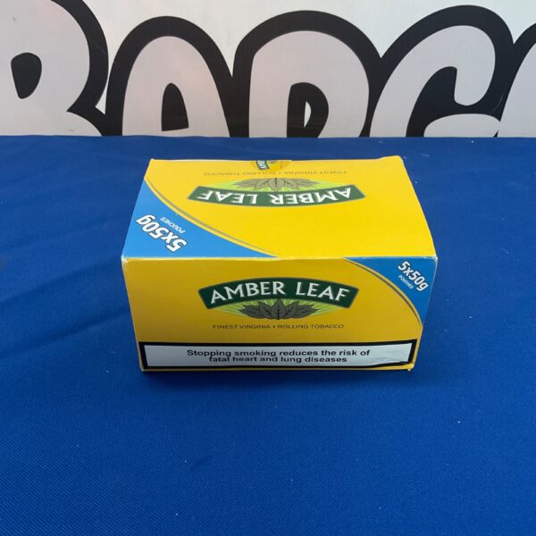 Five unopened 50g pouches of Amber Leaf rolling tobacco.