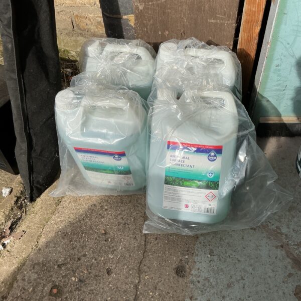Lot of four 5-litre anti-viral surface cleanser containers.