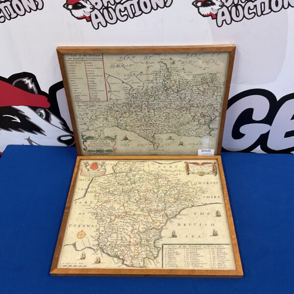 Antique framed maps of Devonshire and Dorset, 18th century cartography.