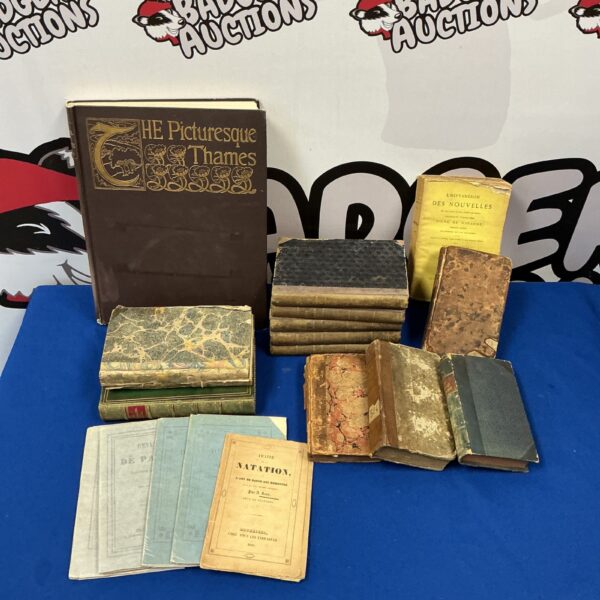 Collection of antique French books with leather bindings.