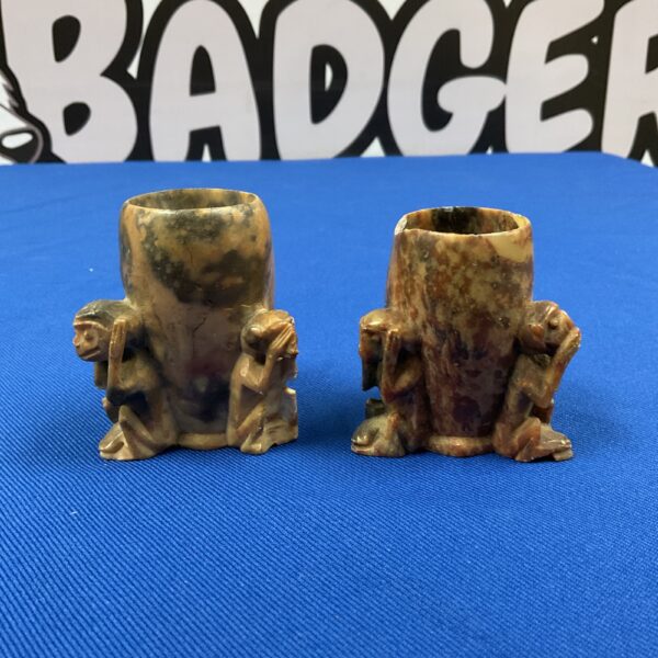 Antique soapstone monkey vesta vases depicting the "hear, speak, see no evil" motif.