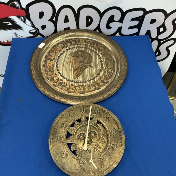 Antique copper plate with sun dial and thermometer for collectors.