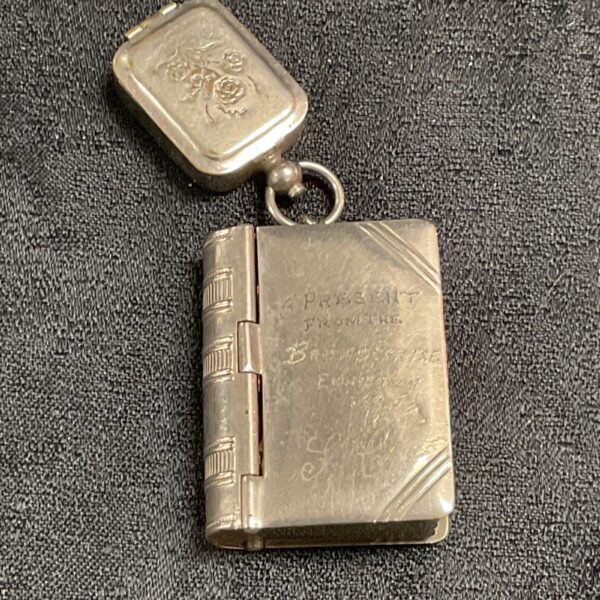 Antique silver plated vesta case and stamp holder with engraved inscription.