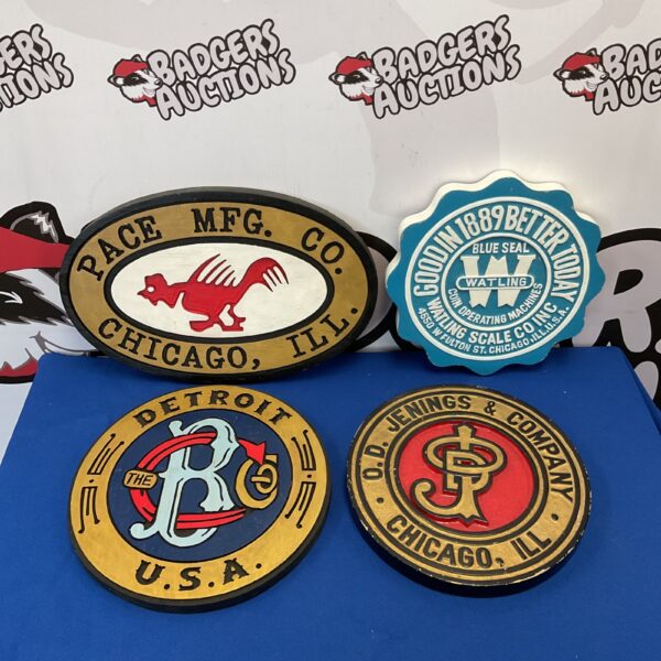 Vintage arcade plaque set, classic gaming company signs.