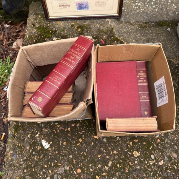Vintage Arthur Mee Children’s Encyclopaedia books in a cardboard box.