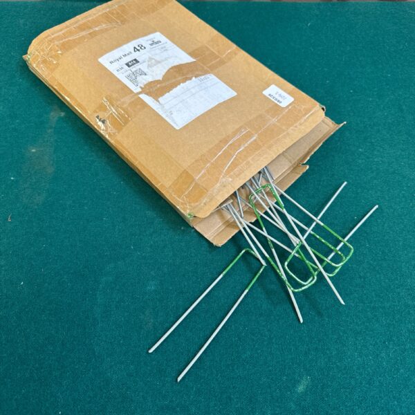 Packet of galvanised artificial grass fixing pins for garden use.