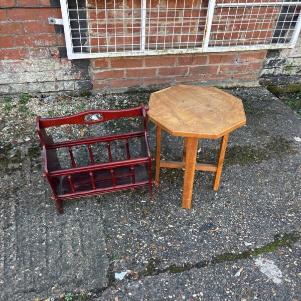 Antique Arts and Crafts oak table with magazine rack.